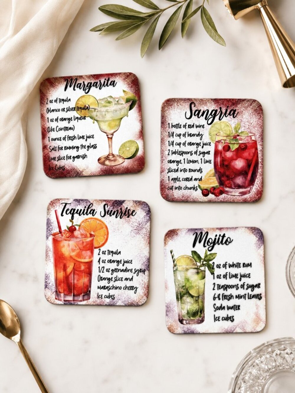 NWT Happy Hour Drink Recipe Neoprene Coasters Set of 4